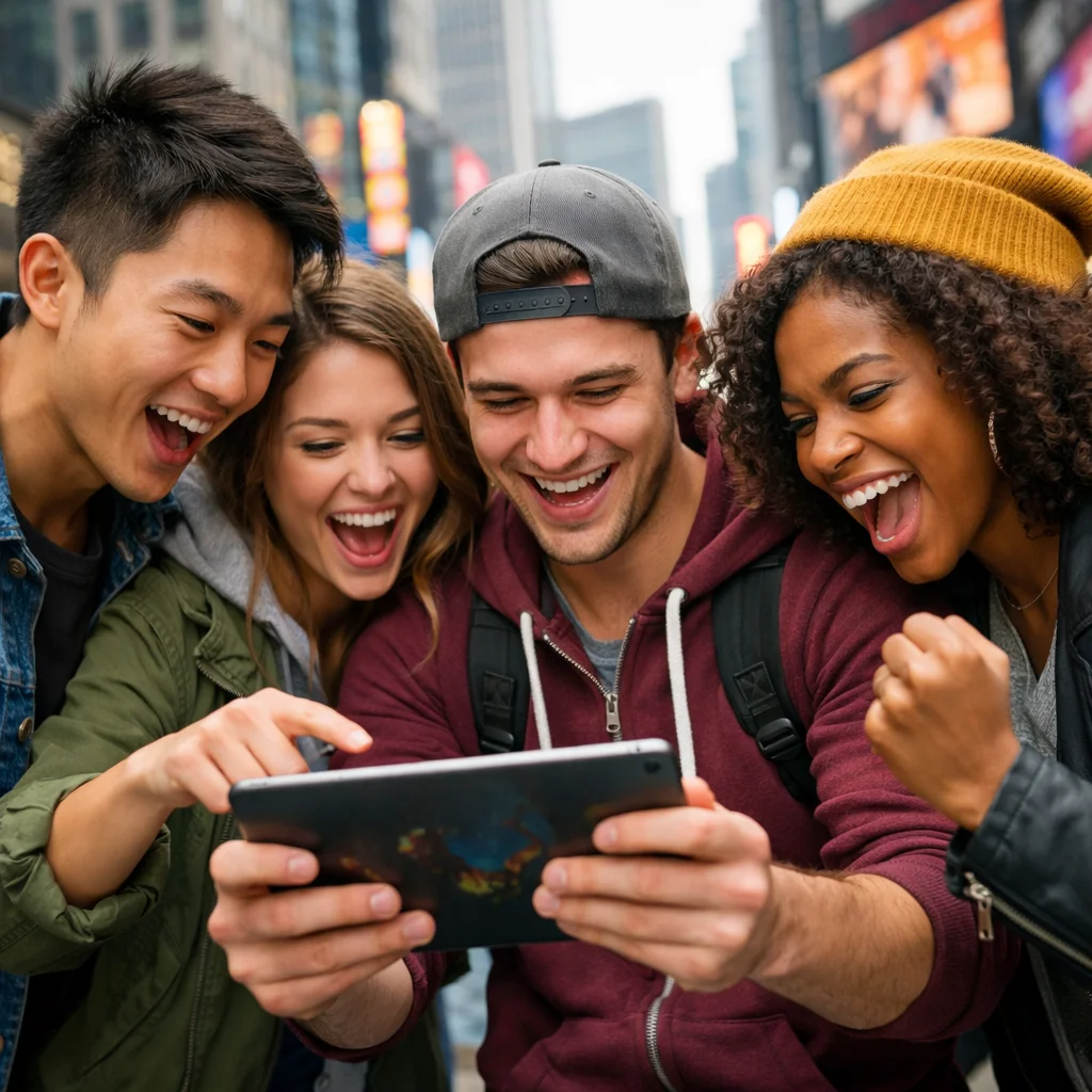 Group of friends smiling and playing a mobile adventure game together.