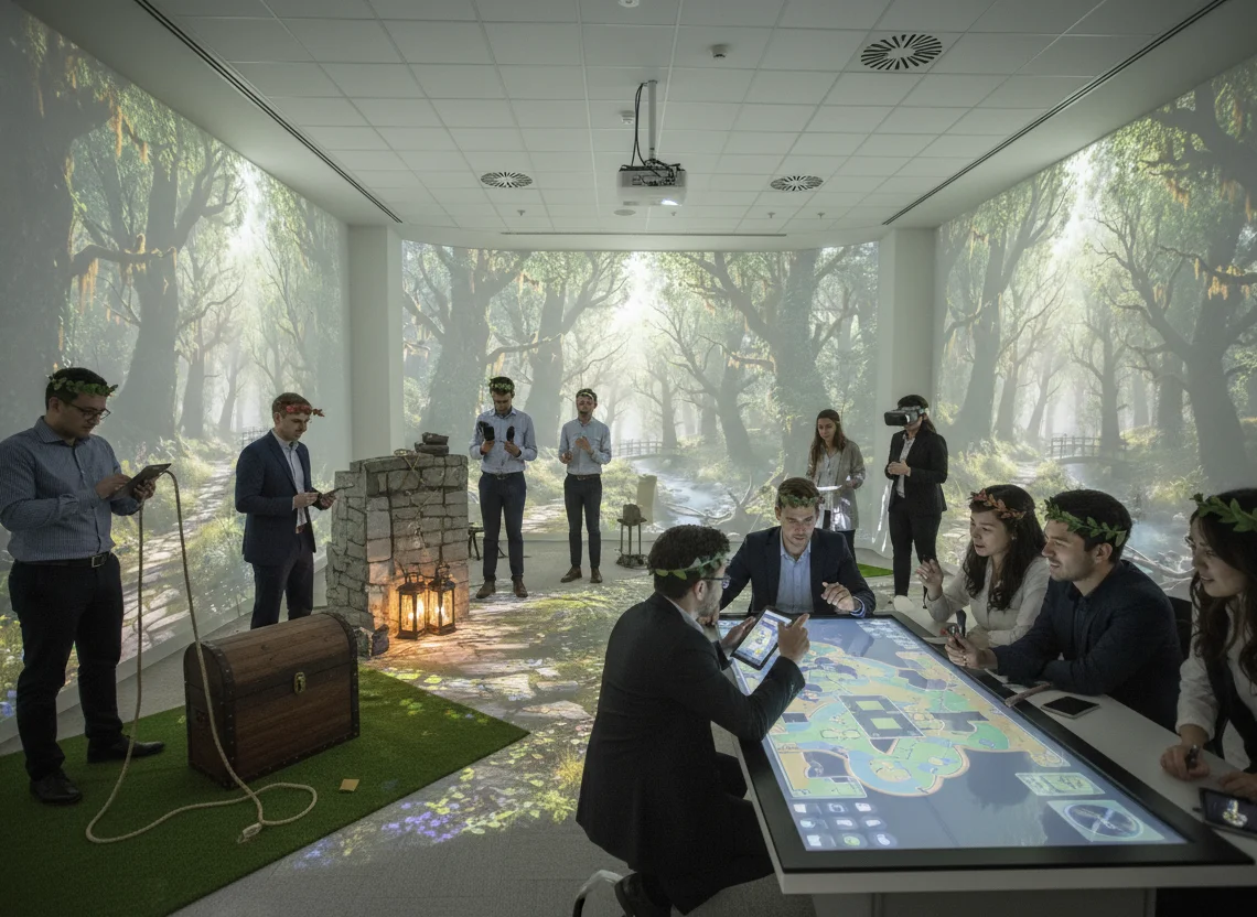 Team members participating in an interactive strategy game during a corporate meeting activity.