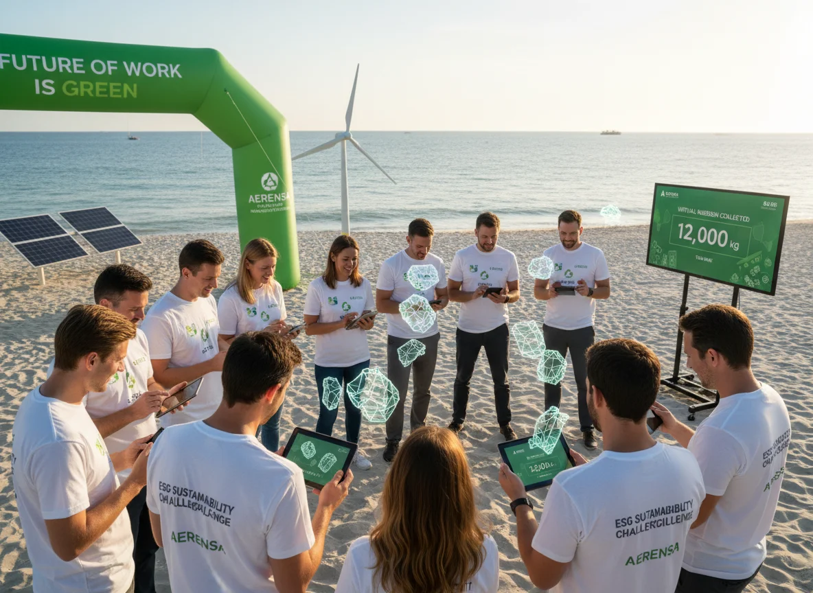 Team members using tablets during a sustainability themed corporate team building activity on a beach.