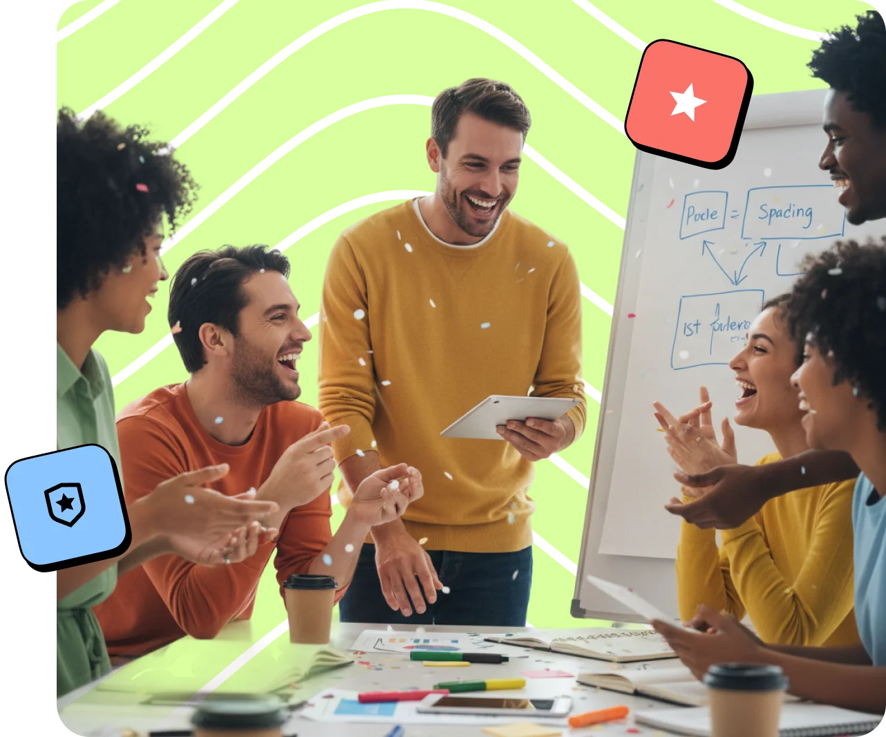 Group of colleagues collaborating around a whiteboard during a corporate team building activity.