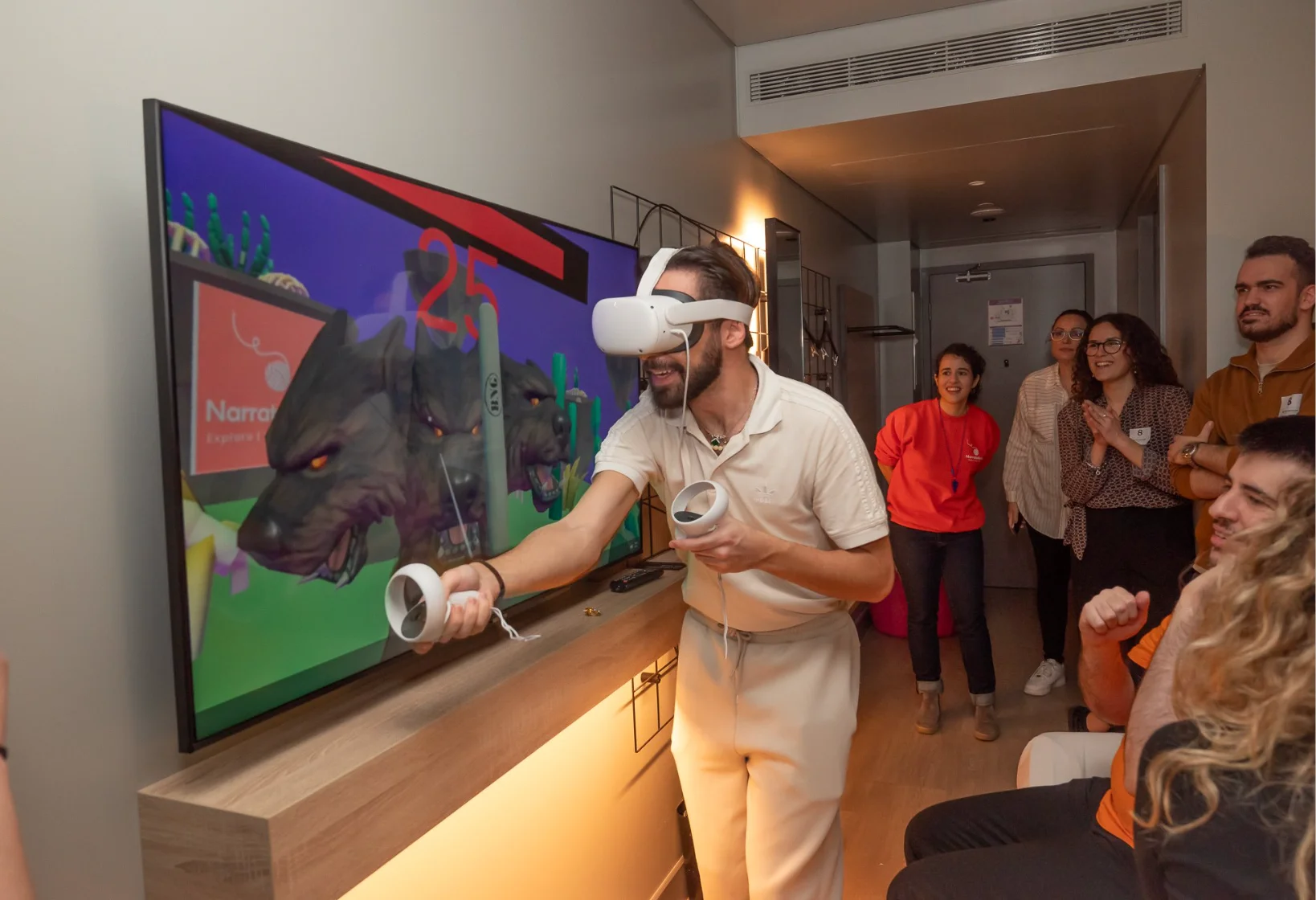 Person using a virtual reality headset interacting with a digital display during immersive experience research.