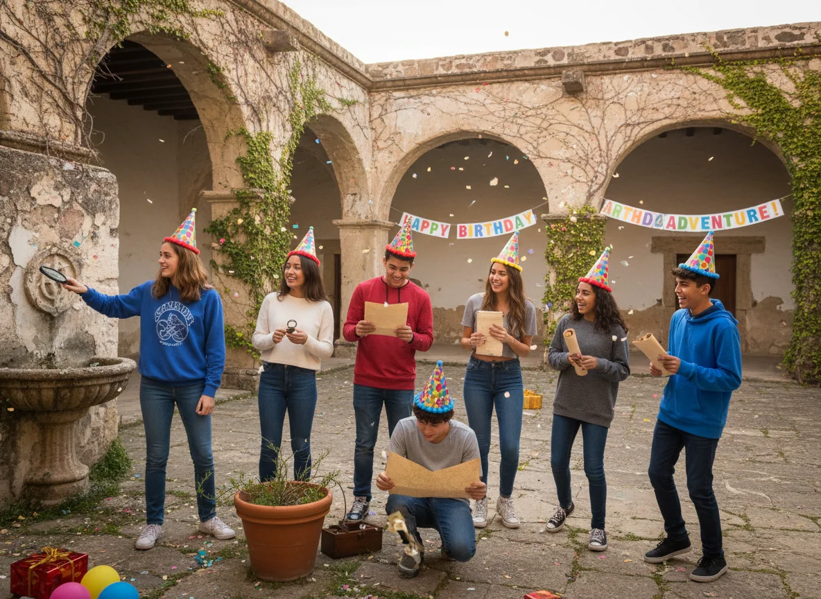 Group of friends wearing party hats celebrating a birthday while playing a group activity game outdoors.