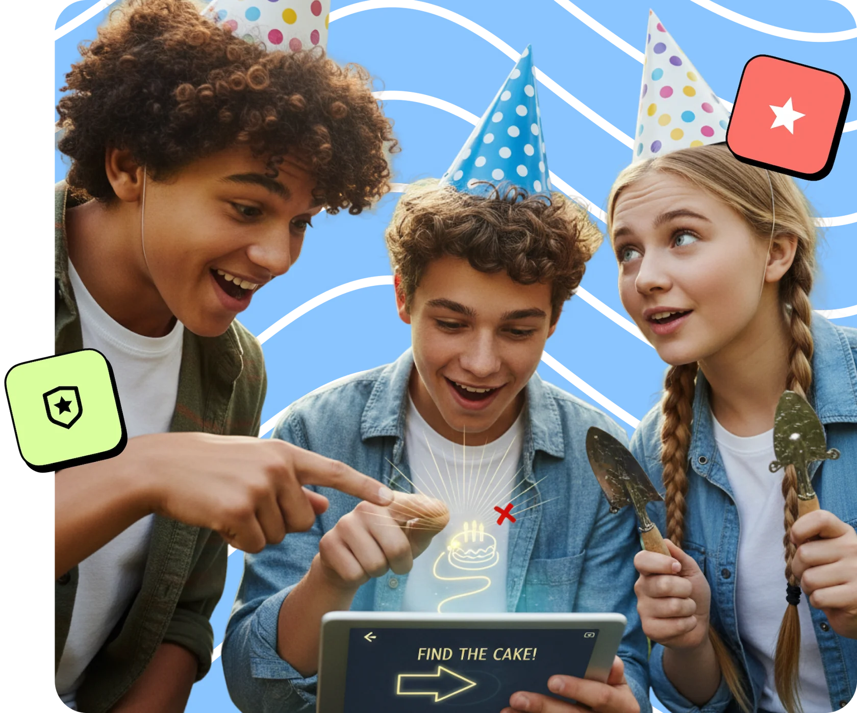 Kids wearing party hats playing an interactive birthday game on a tablet during a special day celebration.