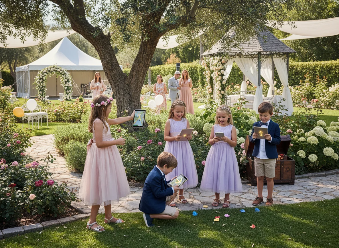 Children playing a garden game during a wedding or baptism celebration event.