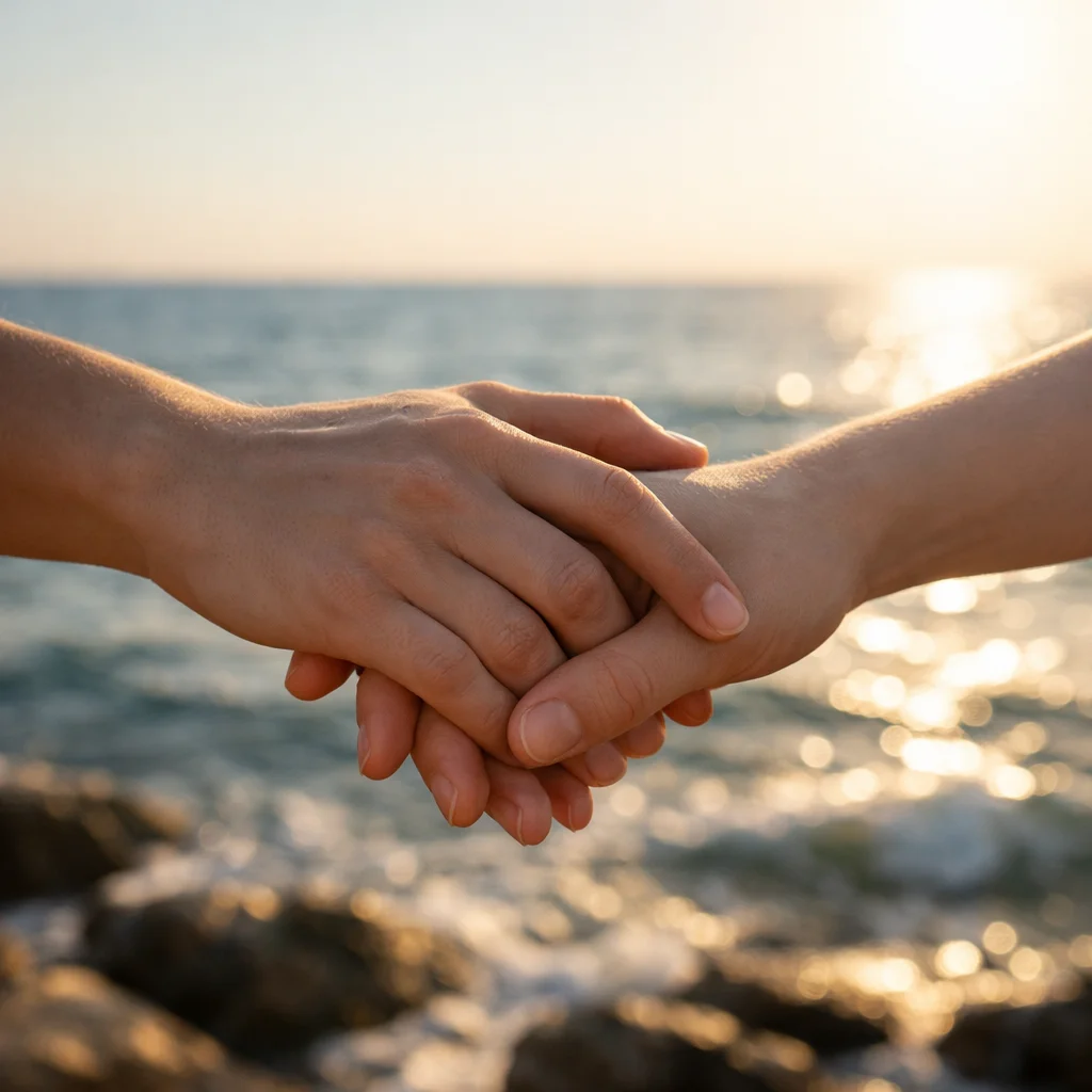 Couple holding hands by the sea during a romantic moment.
