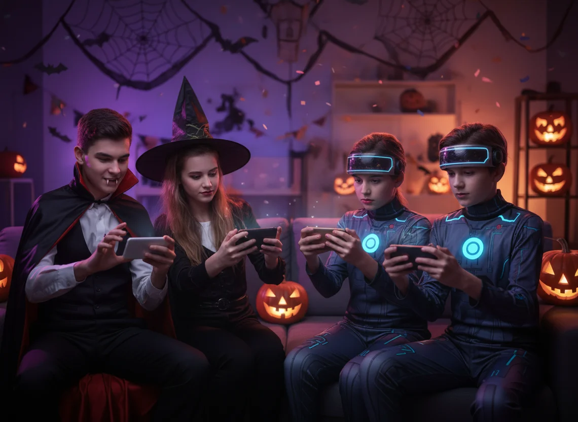 Group of friends in Halloween costumes playing a themed party game using mobile devices.
