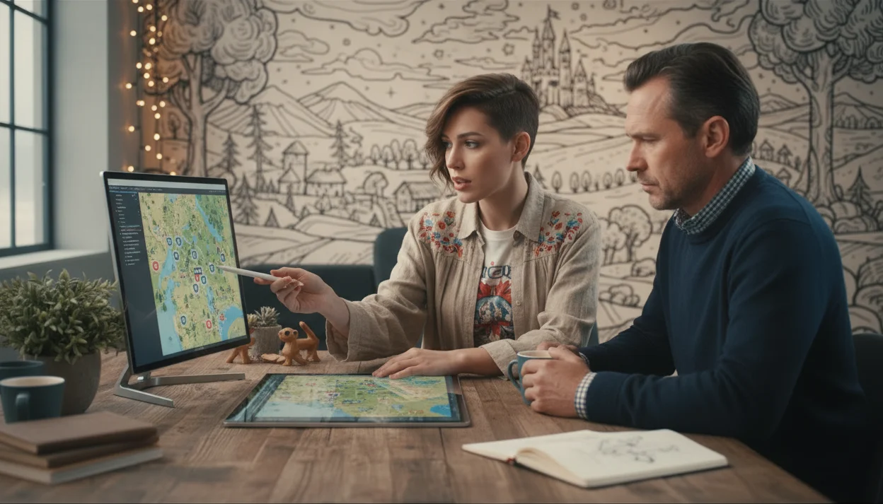 Two people collaborating on a map and laptop while designing a custom interactive event experience.